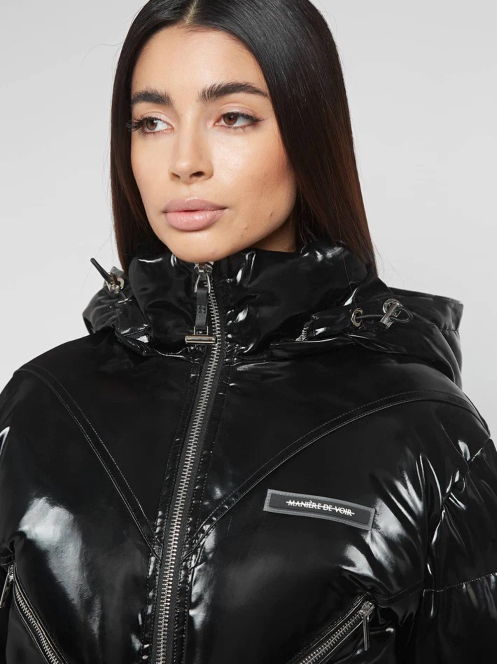 Manière De Voir Black Shiny Cropped Bomber Jacket - Picture 2 of 9